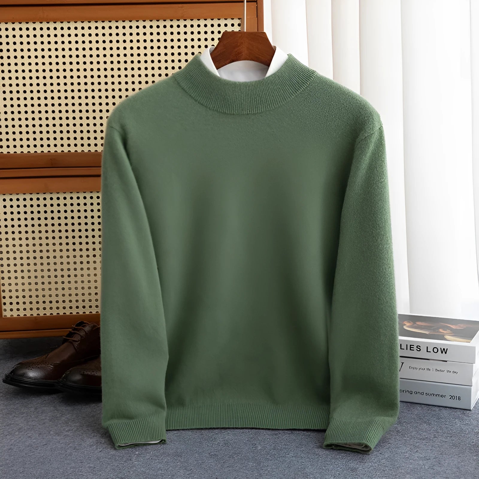 Men's half-collar loose fit wool sweater in a choice of colours including black, brown, and grey.