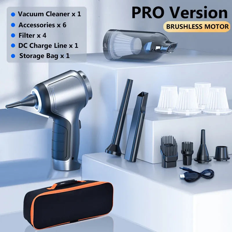 A handheld cordless vacuum cleaner with a car mount, shown on a car seat.