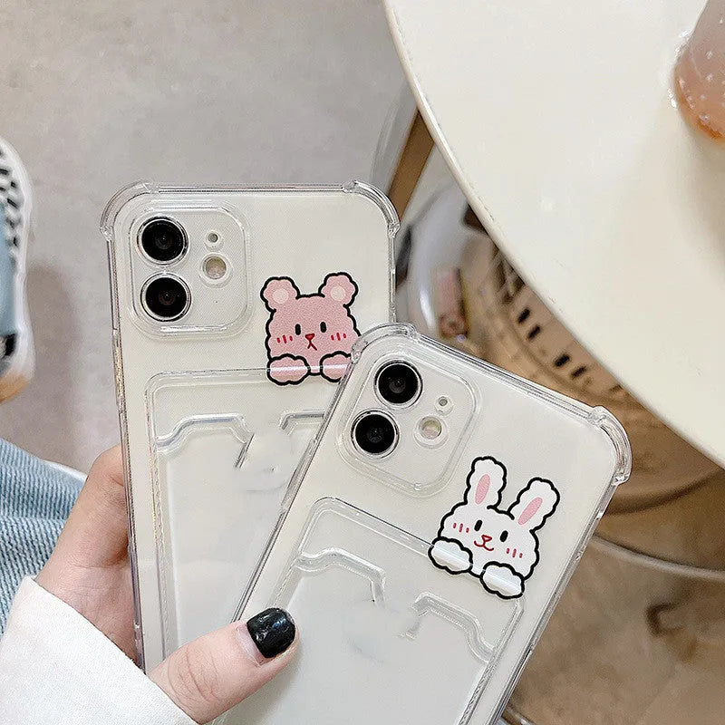 Transparent cartoon-painted iPhone case with built-in card holder slot in TPU material