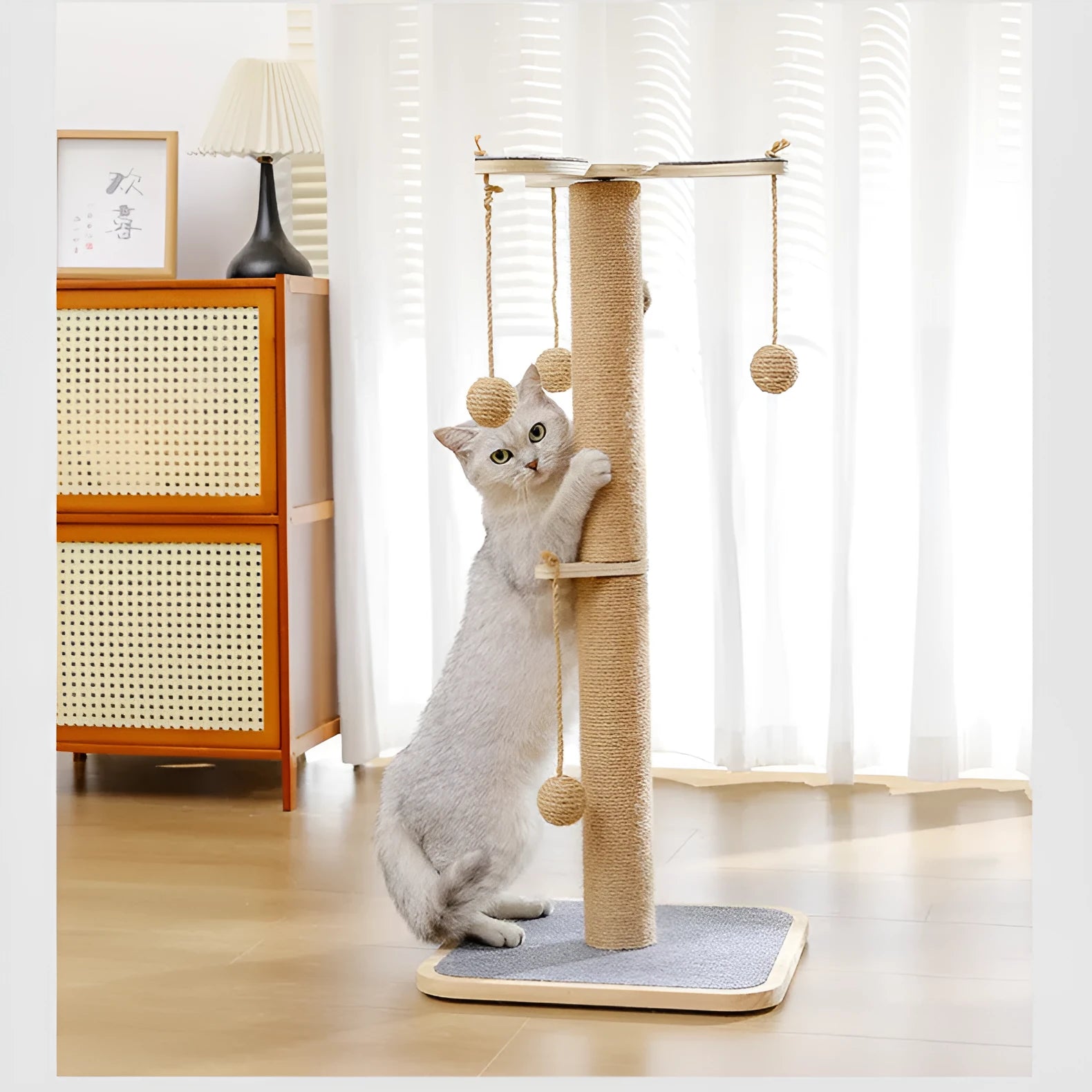 Scratch-resistant cat climbing frame with windmill hanging ball toy on pine wood structure