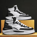Men's black and white high-top board shoes with round toe and platform sole.