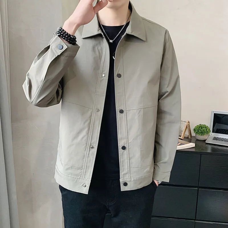 Men's Korean style single-layer polyester jacket in light grey, shown on a model.