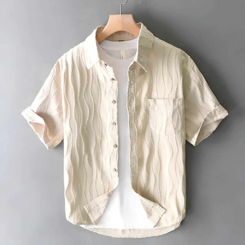 Men's apricot cotton short sleeve casual shirt with loose fit Japanese styling