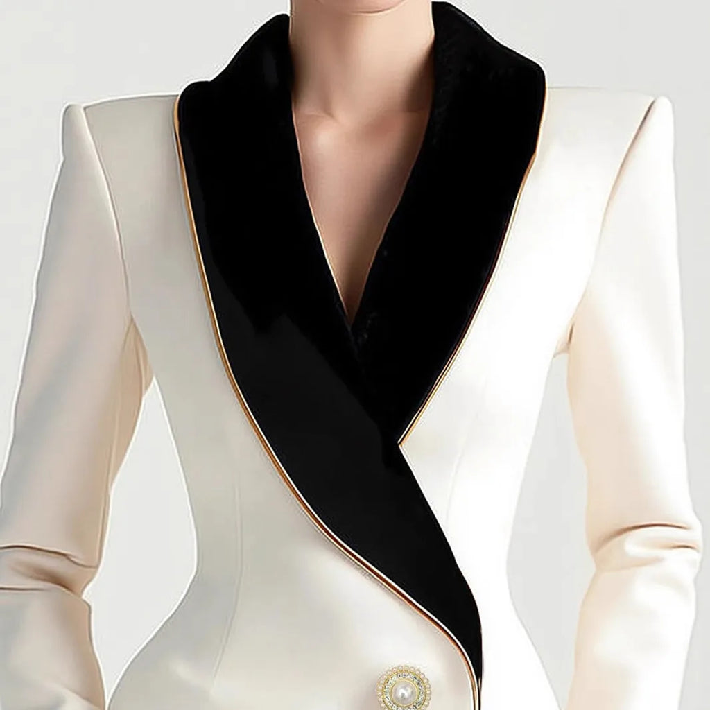 Women's milky white polyester coat with golden edge pearl buttons and irregular hem design