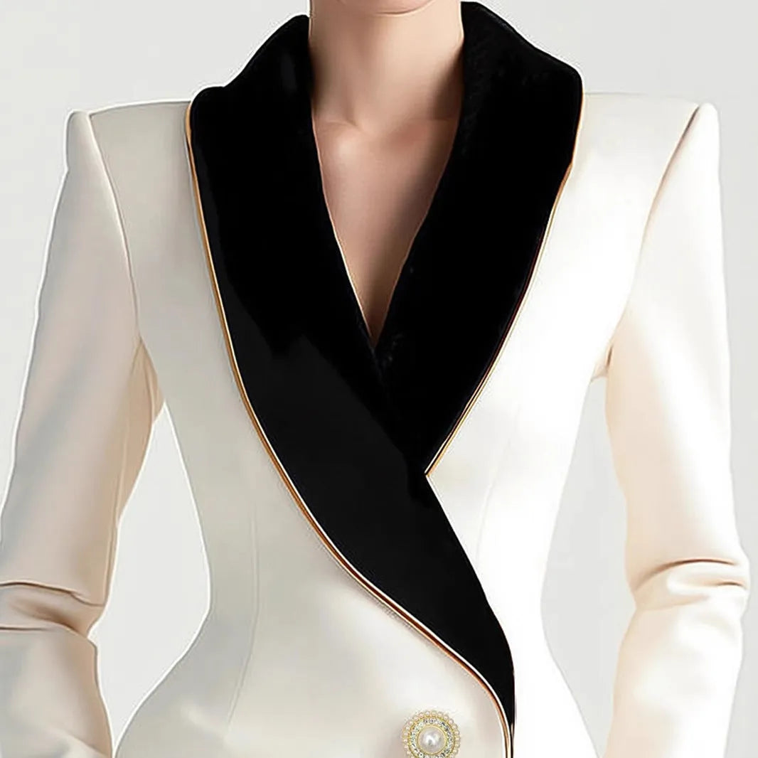 Women's milky white polyester coat with golden edge pearl buttons and irregular hem design