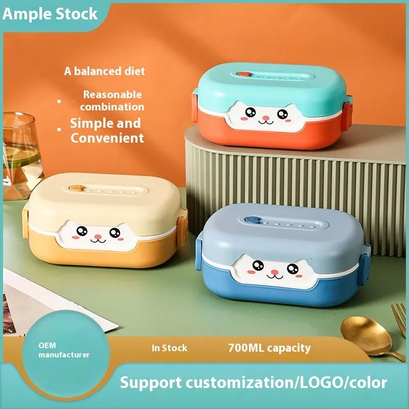 Square plastic divided lunch box with cartoon design in dark blue, orange yellow, or pink and green colours.