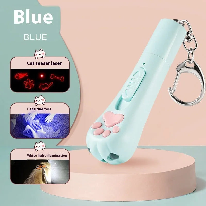 USB rechargeable cat teaser pen light with colourful LED and feather attachment in pink, cream, or blue