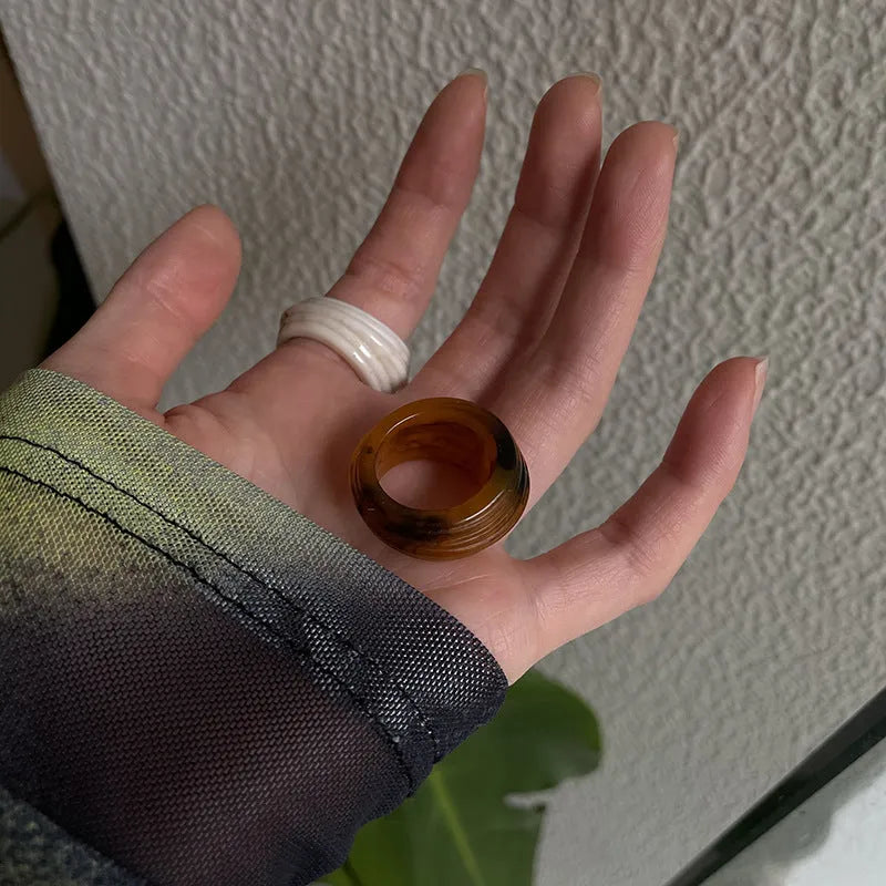 Chinese style irregular geometric resin wide ring in earthy brown and white colour variations