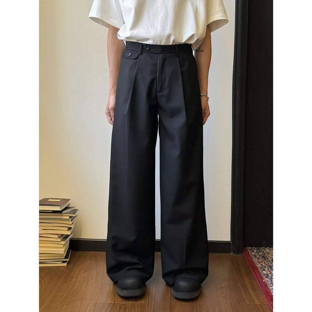 Man wearing brown straight-leg loose wide-leg casual suit pants made from polyester blend fabric