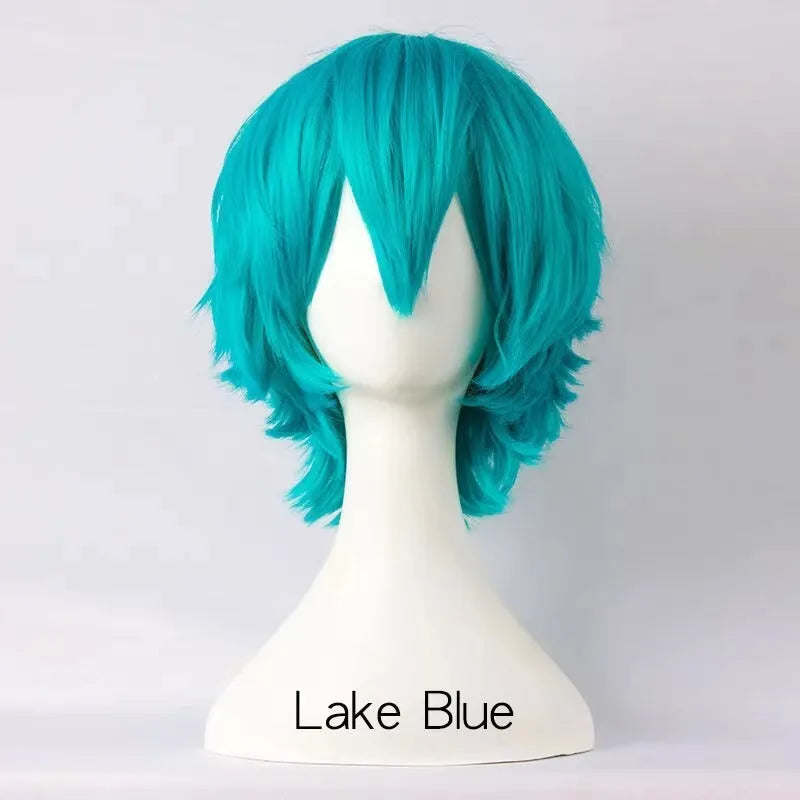 Short black and red anime cosplay wig for men with a lengthened hair tail.