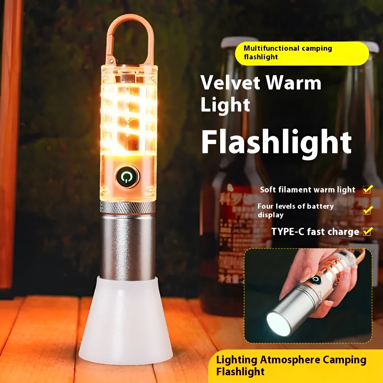 Orange and beige multifunctional flashlight with dual light source, hook attachment, and optical zoom feature