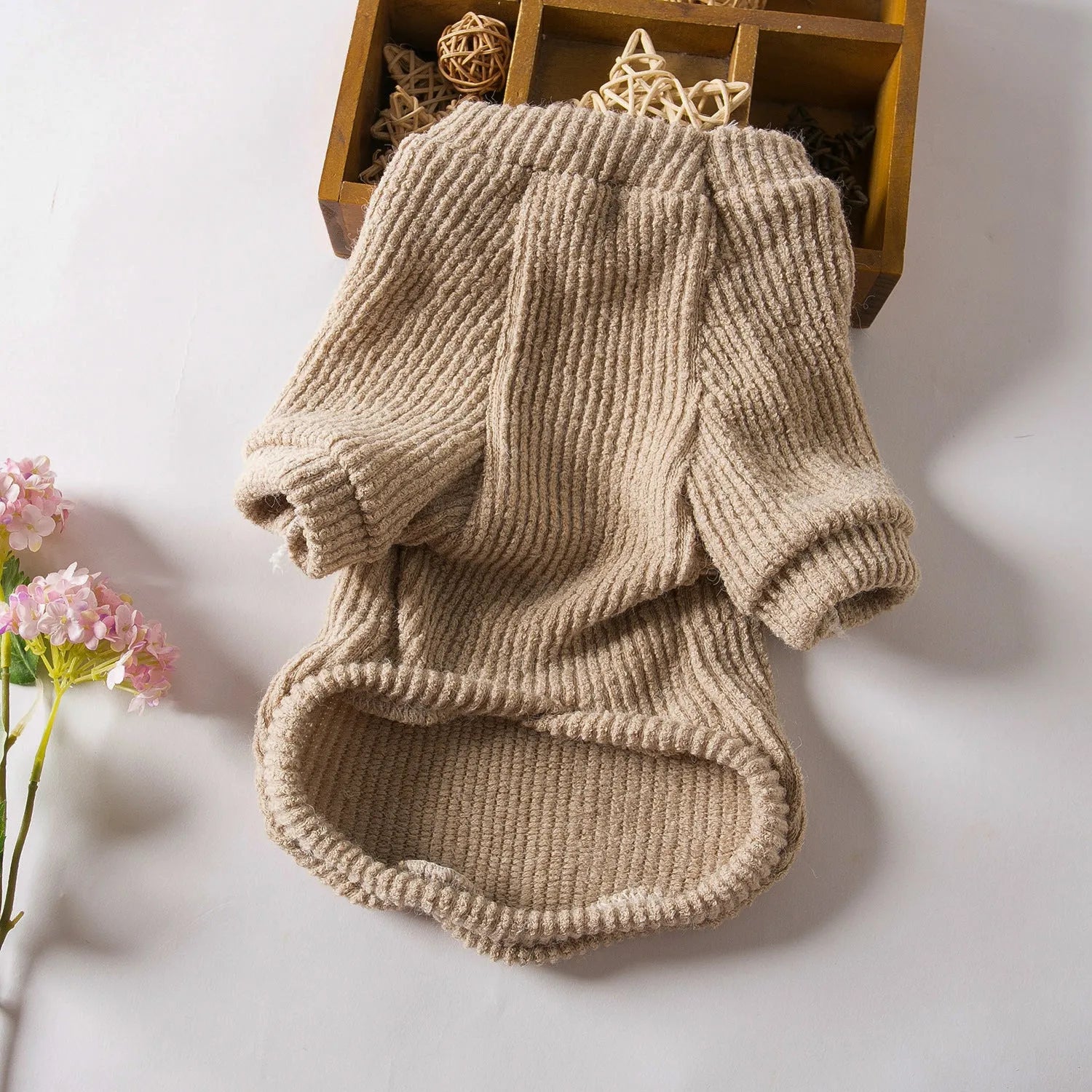 Brown cloth pullover sweater for small breed dogs on mannequin showing casual style