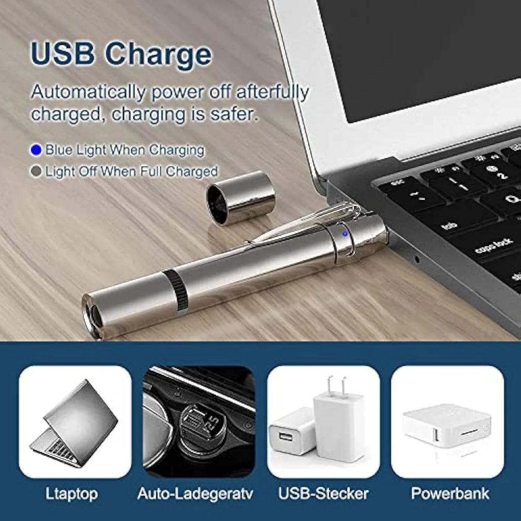 Silver aluminium alloy cat laser pointer toy with USB charging port and multiple light patterns.