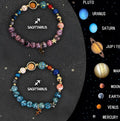 Two natural stone bead bracelets showing zodiac sign designs in various style variations