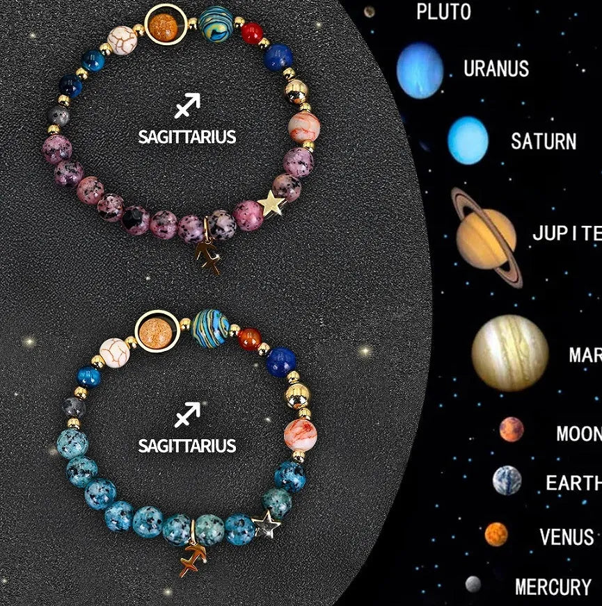 Two natural stone bead bracelets showing zodiac sign designs in various style variations