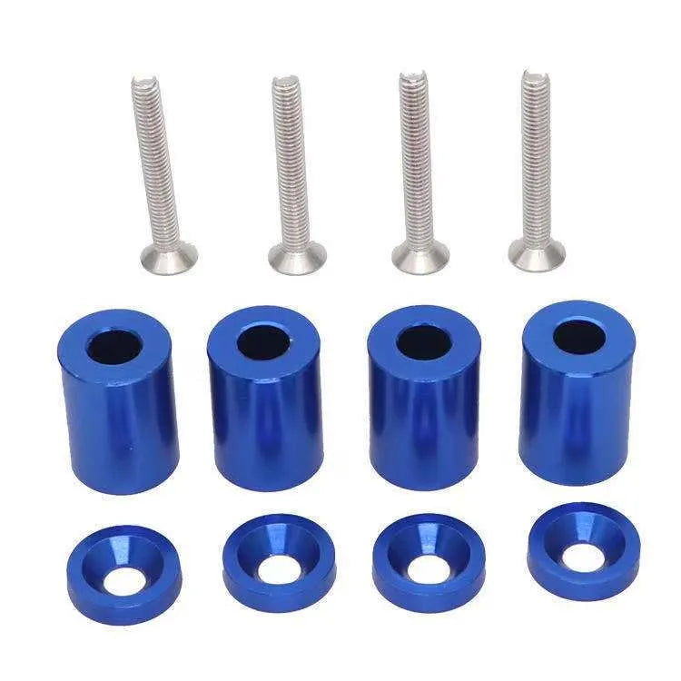 Aluminium engine cover spacer pack with screws and nuts in black, blue, or red.