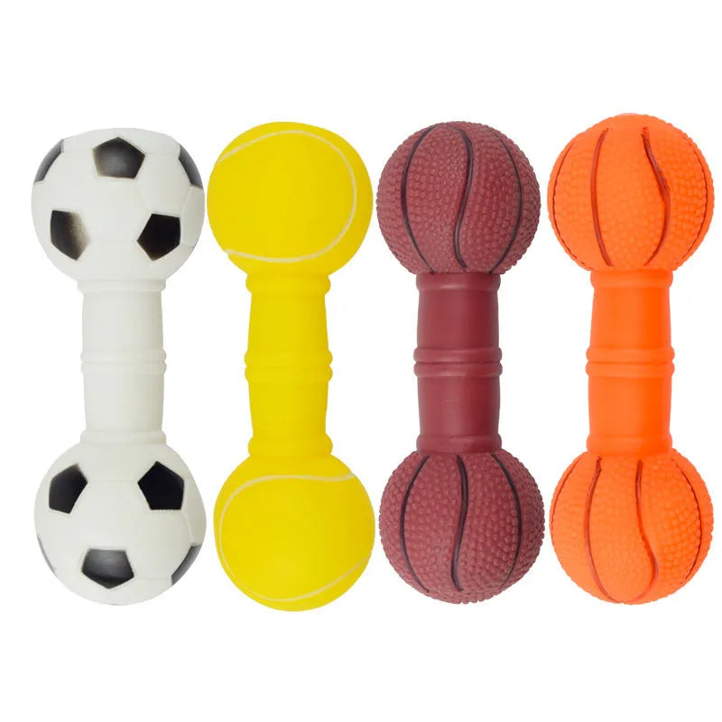 Non-toxic PVC squeaky dog toy shaped like a colourful football dumbbell.