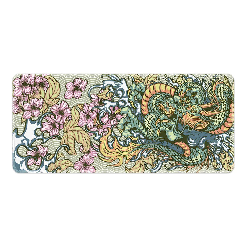 Esports dragon pattern cloth gaming mouse pad on a desk, showing non-slip backing and thermal transfer print detail.