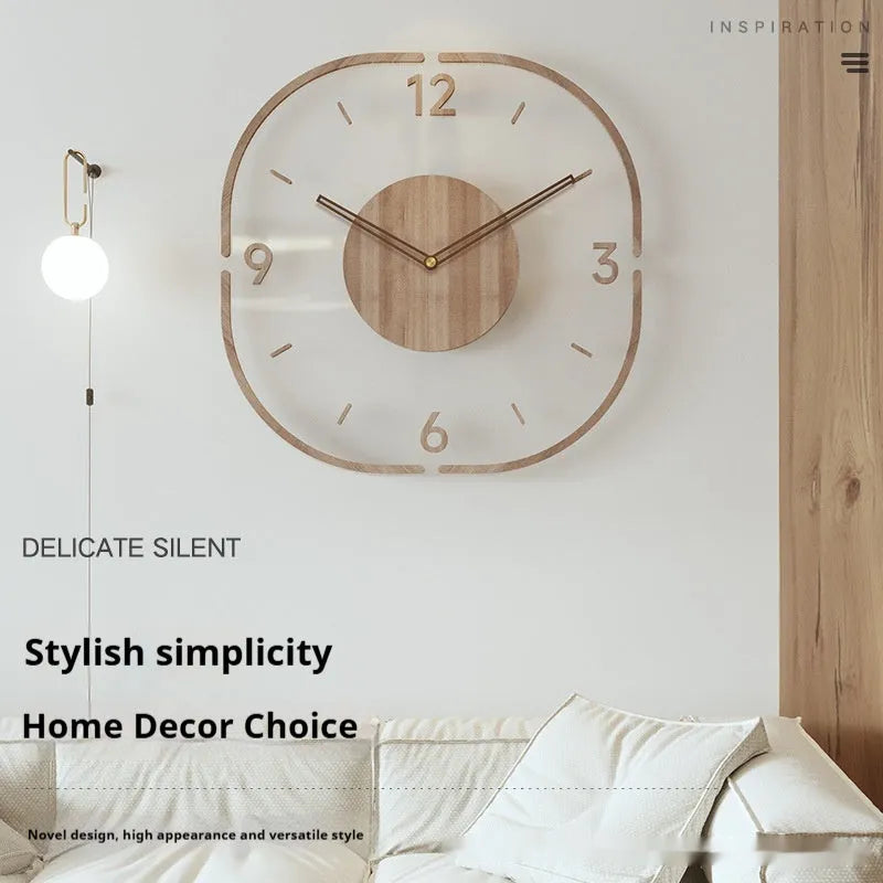 Modern transparent wooden frame wall clock showing 35cm square dimensions on a wall