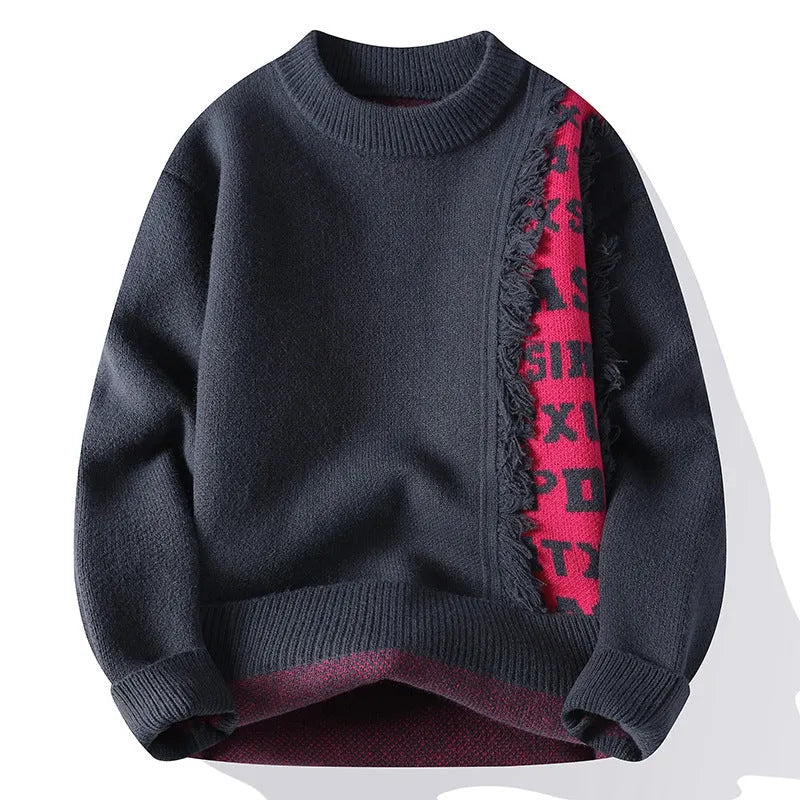 Men's loose long sleeve knitted pullover jumper in ribbed style, shown in a selection of colours.