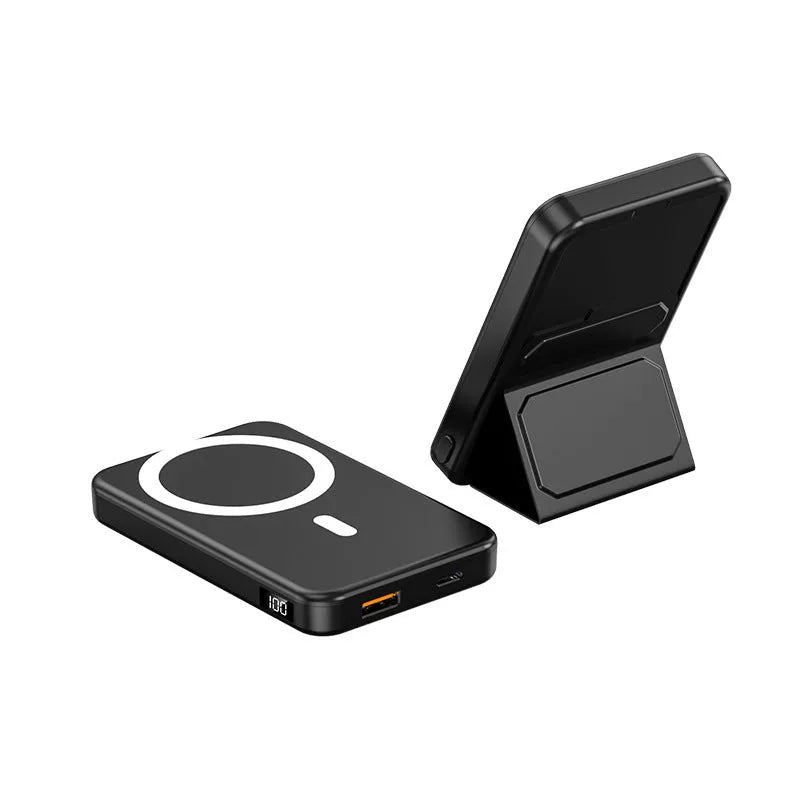 Magnetic wireless charging power bank with folding stand in various colours