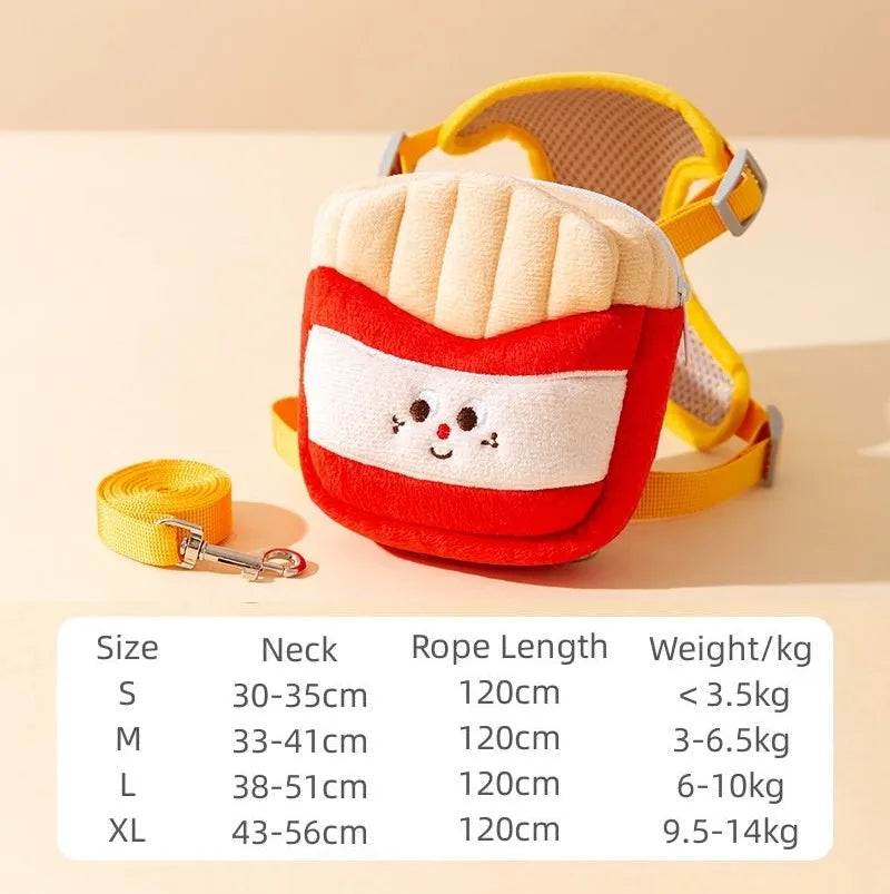 Cartoon hamburger print adjustable vest leash harness for a dog, connected to a walking rope.