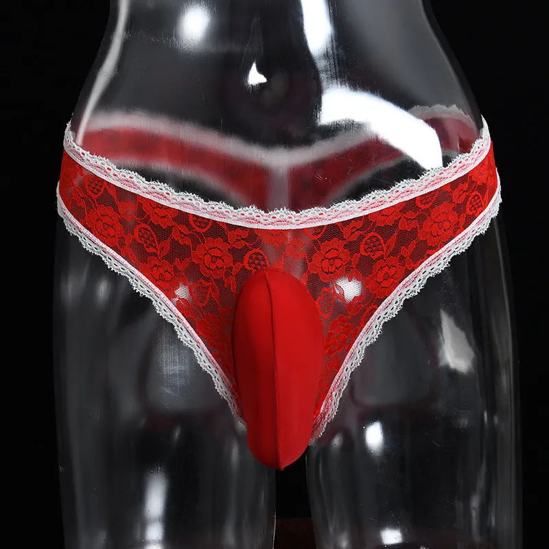 Qing He men's briefs with vertical bag design in lace or shiny fabric, low waist style