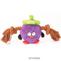 Interactive plush rope knot dog toy in green or purple for tug of war and teeth cleaning