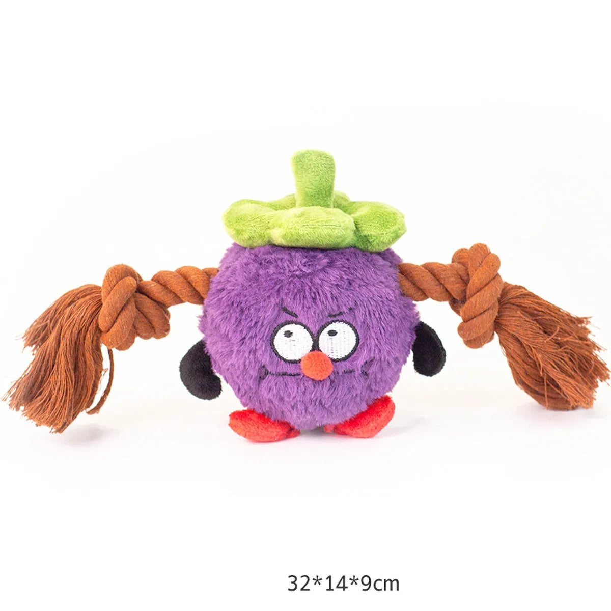 Interactive plush rope knot dog toy in green or purple for tug of war and teeth cleaning