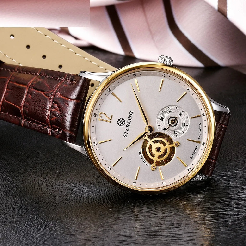 Automatic mechanical men's business watch with sapphire crystal glass and brown leather strap