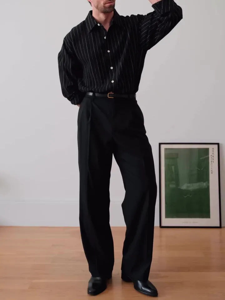 Black pinstriped regular fit button-down long sleeve shirt for men.
