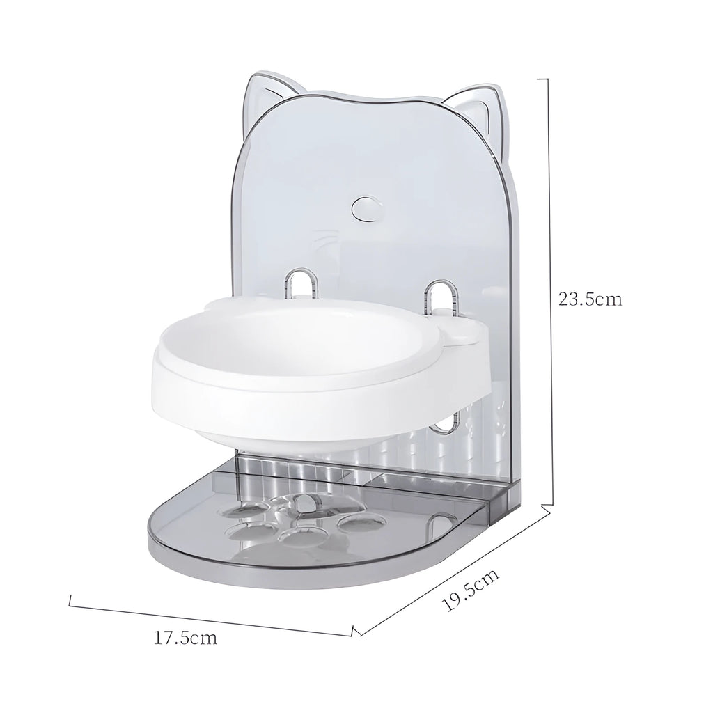 Grey adjustable height cat feeding bowl with anti-spill design and removable cage