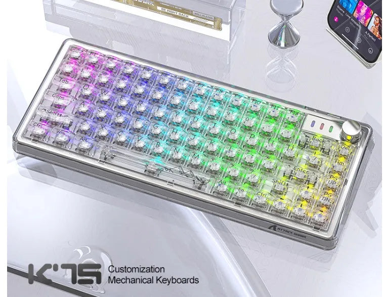 Attack Shark K75RGB wireless mechanical keyboard with transparent black case showing RGB backlighting