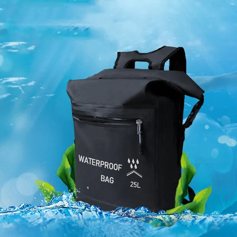 Black 25-litre waterproof backpack with 500D mesh construction for outdoor water sports.