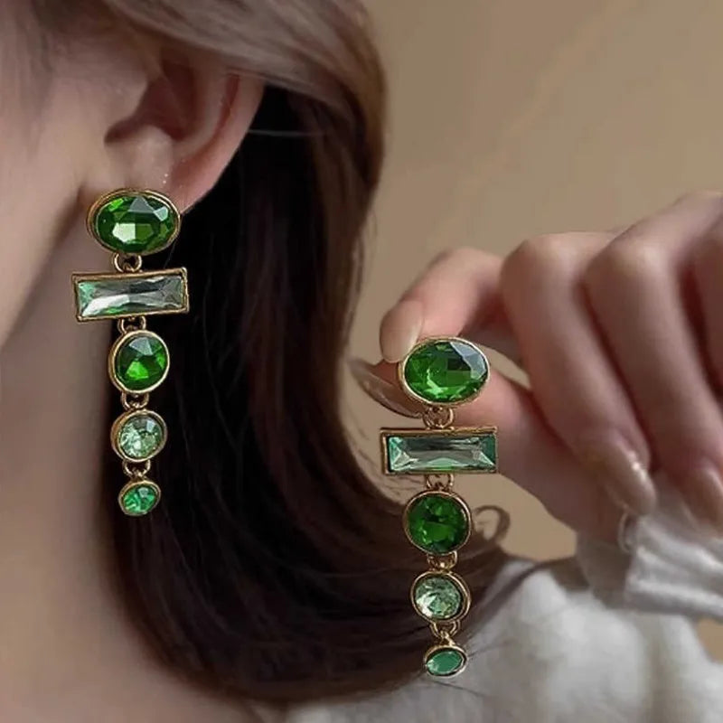 Green gradient alloy earrings with geometric tassel design and inlaid zircon details