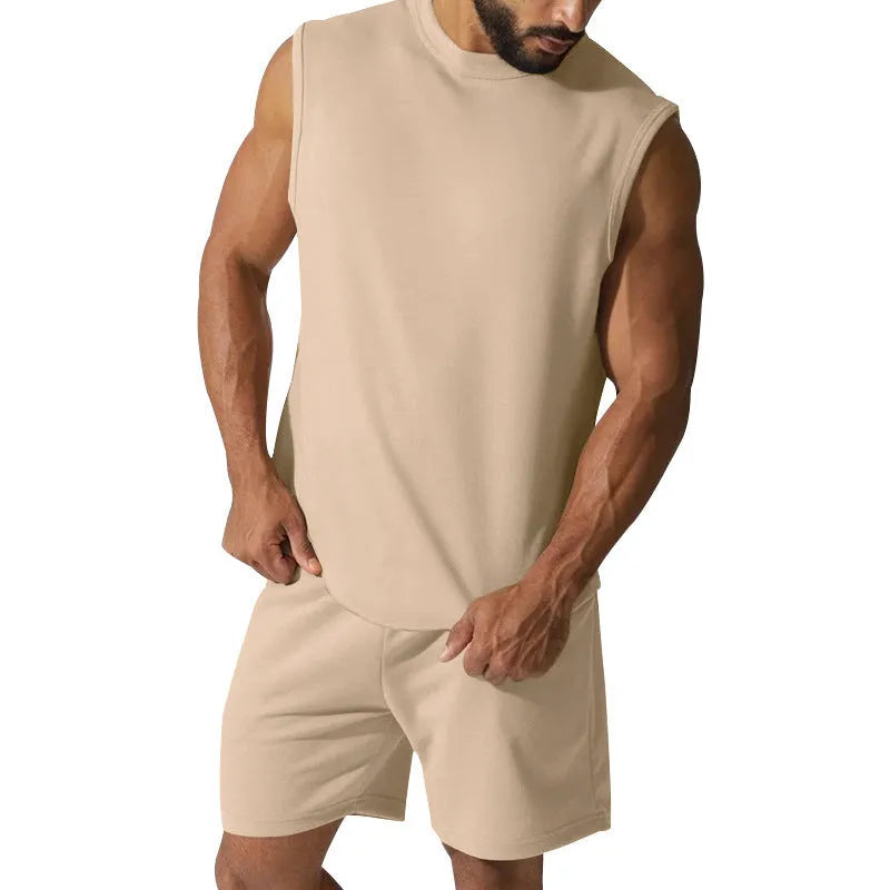 Men's sleeveless sports suit with cotton blend fabric in multiple solid colour options