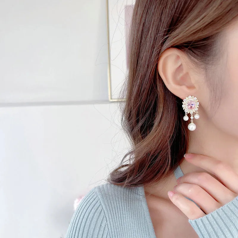 Oval geometric earrings with zircon inlay and pearl tassels in four colour variations
