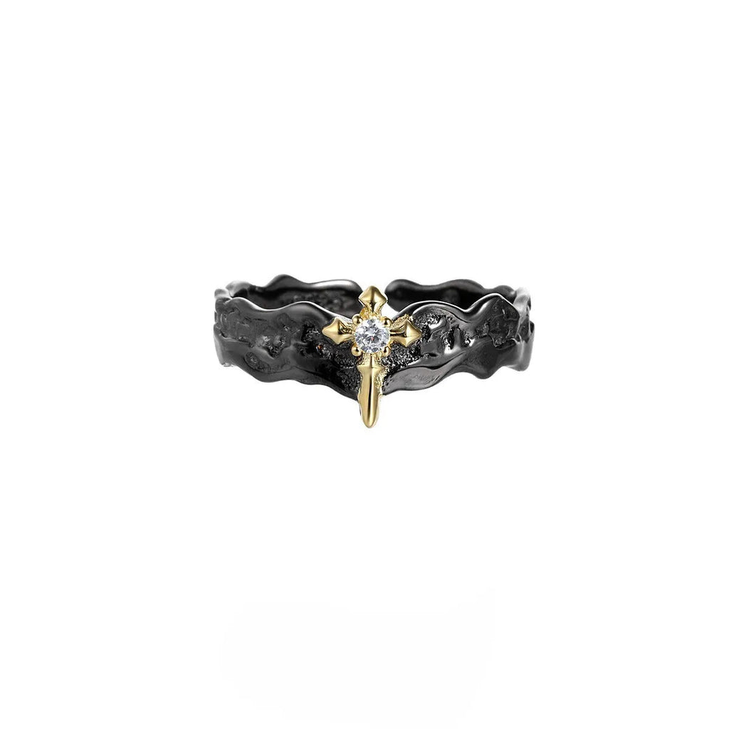 Princess knight couple ring with adjustable opening in electroplated silver showing white gold and black gold colour options