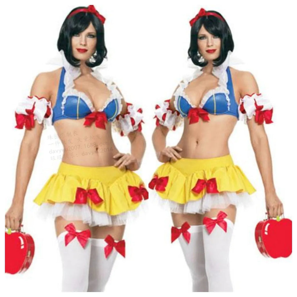 Snow White anime cosplay costume set with headdress, top, short skirt and hand sleeves