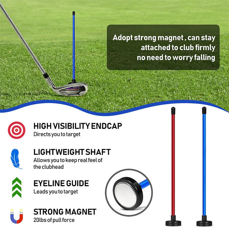 Red aluminium golf swing alignment trainer with magnetic directional pointer on green background
