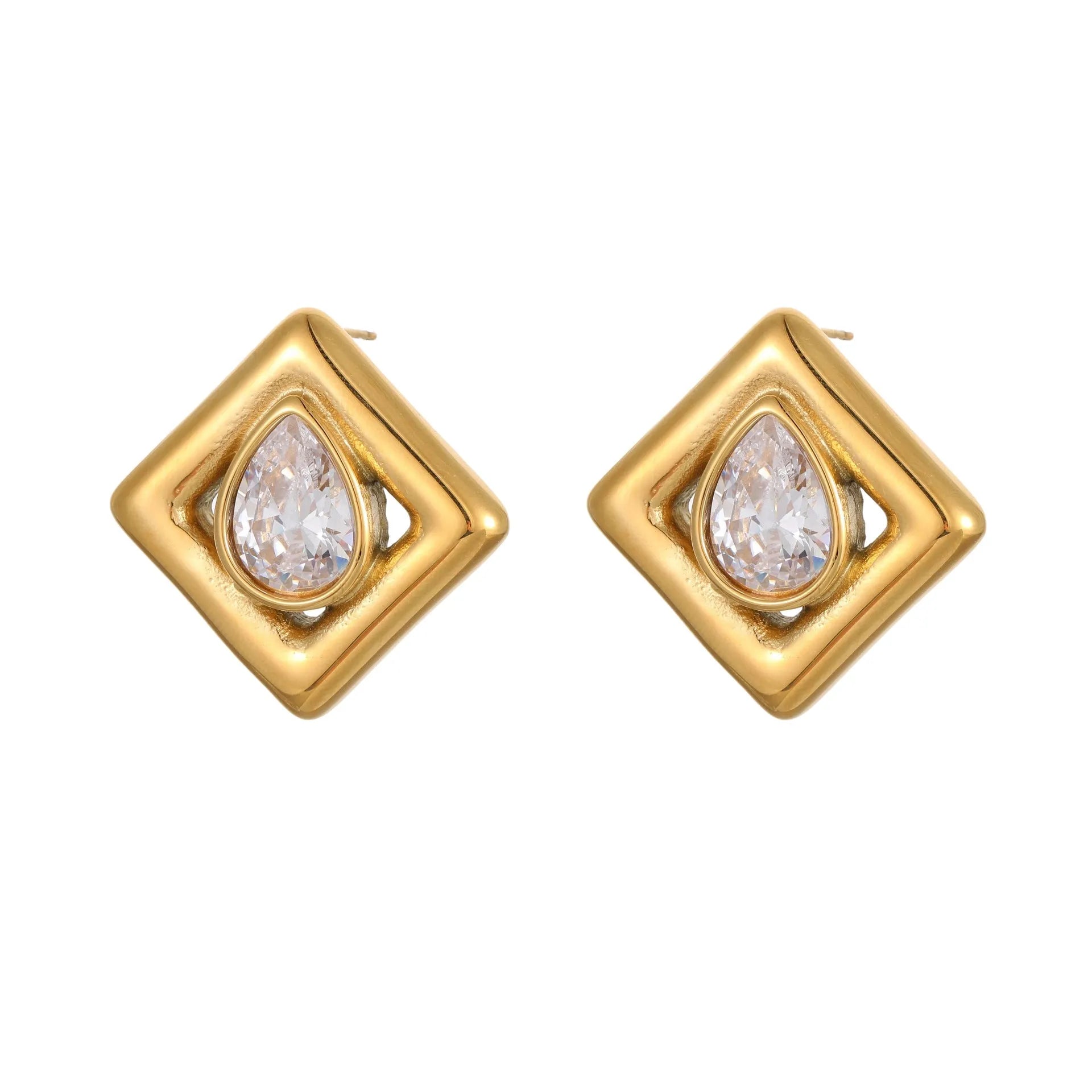 Gold geometric water drop zircon stud earrings with 18K electroplated finish