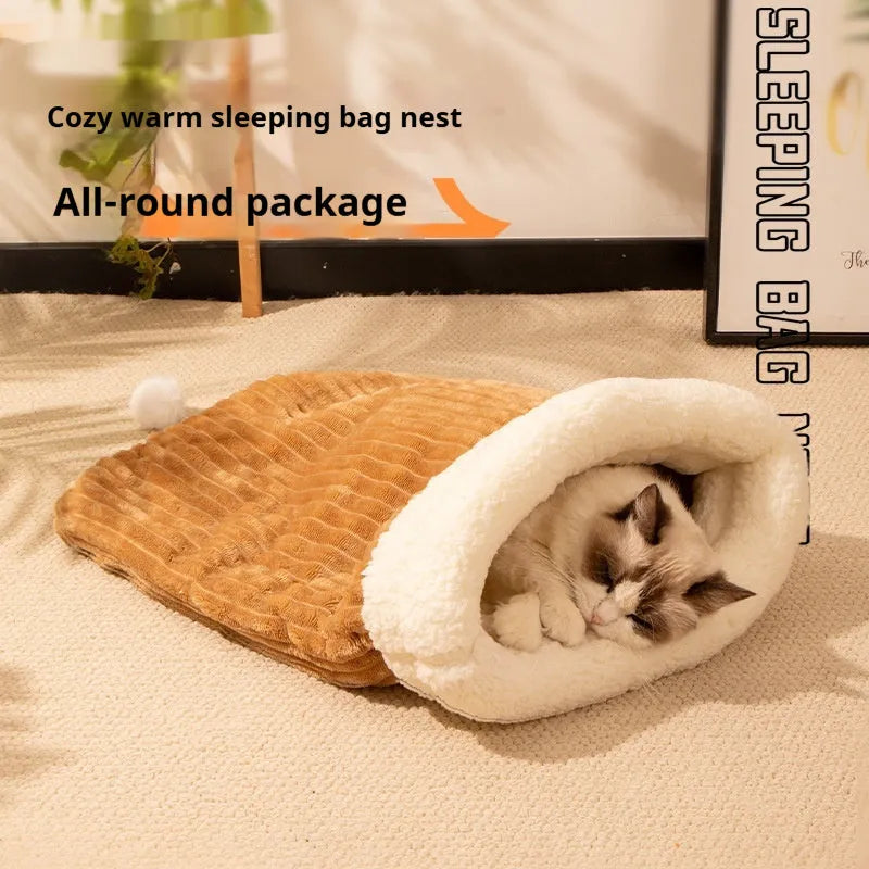 Flannel cat sleeping bag nest pet bed measuring 50 by 40 centimetres in a striped pattern.