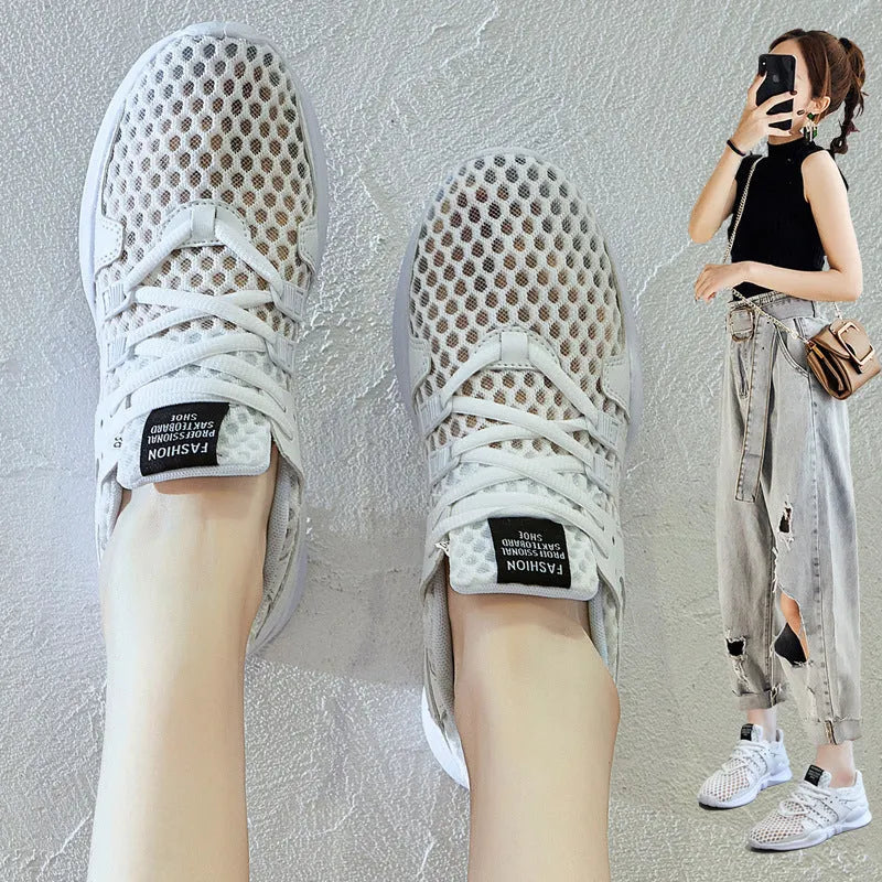 Breathable hollow-out mesh sneakers with low-top design and EVA sole in black and white colour options