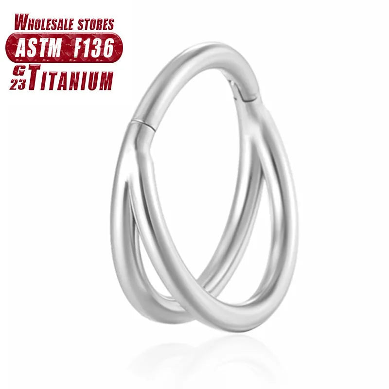 Titanium alloy L-shaped fork nose ring in silver, gold, black, rose gold and colourful finishes on a white background.