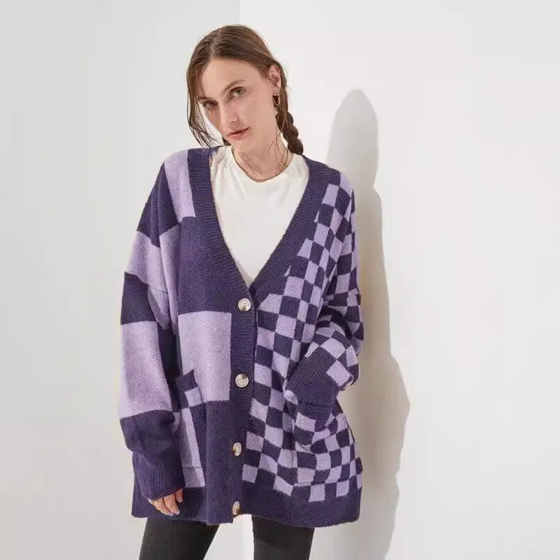 Loose fit printed checks knitwear cardigan in wine red colour with regular sleeves