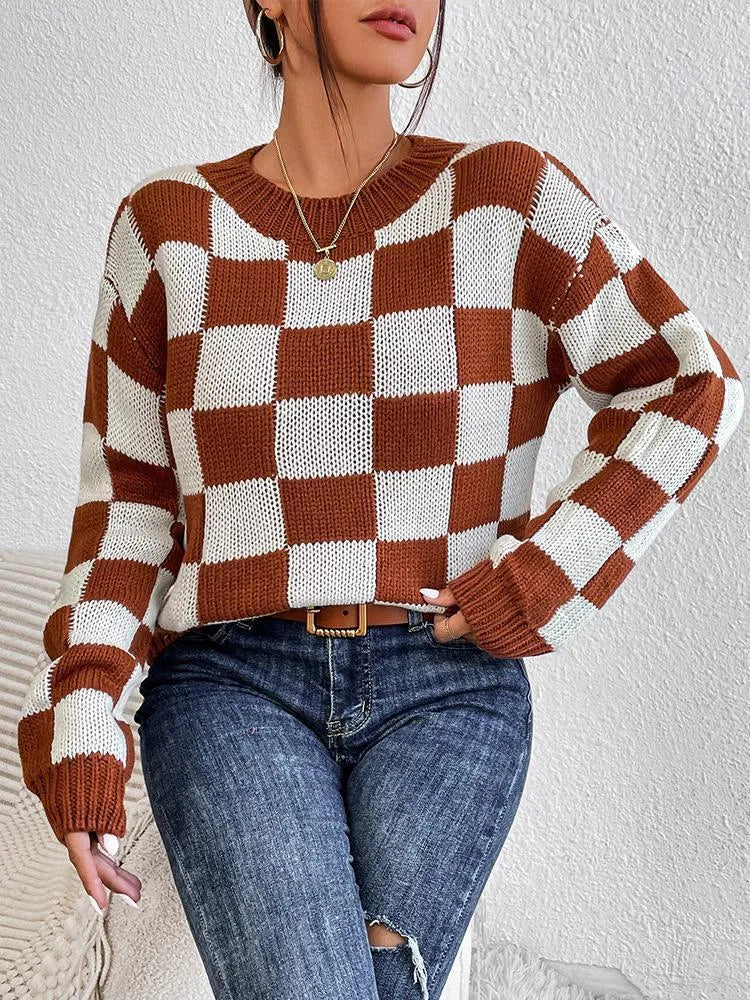 Dark brown acrylic pullover sweater with chessboard plaid pattern, round neck and long sleeves