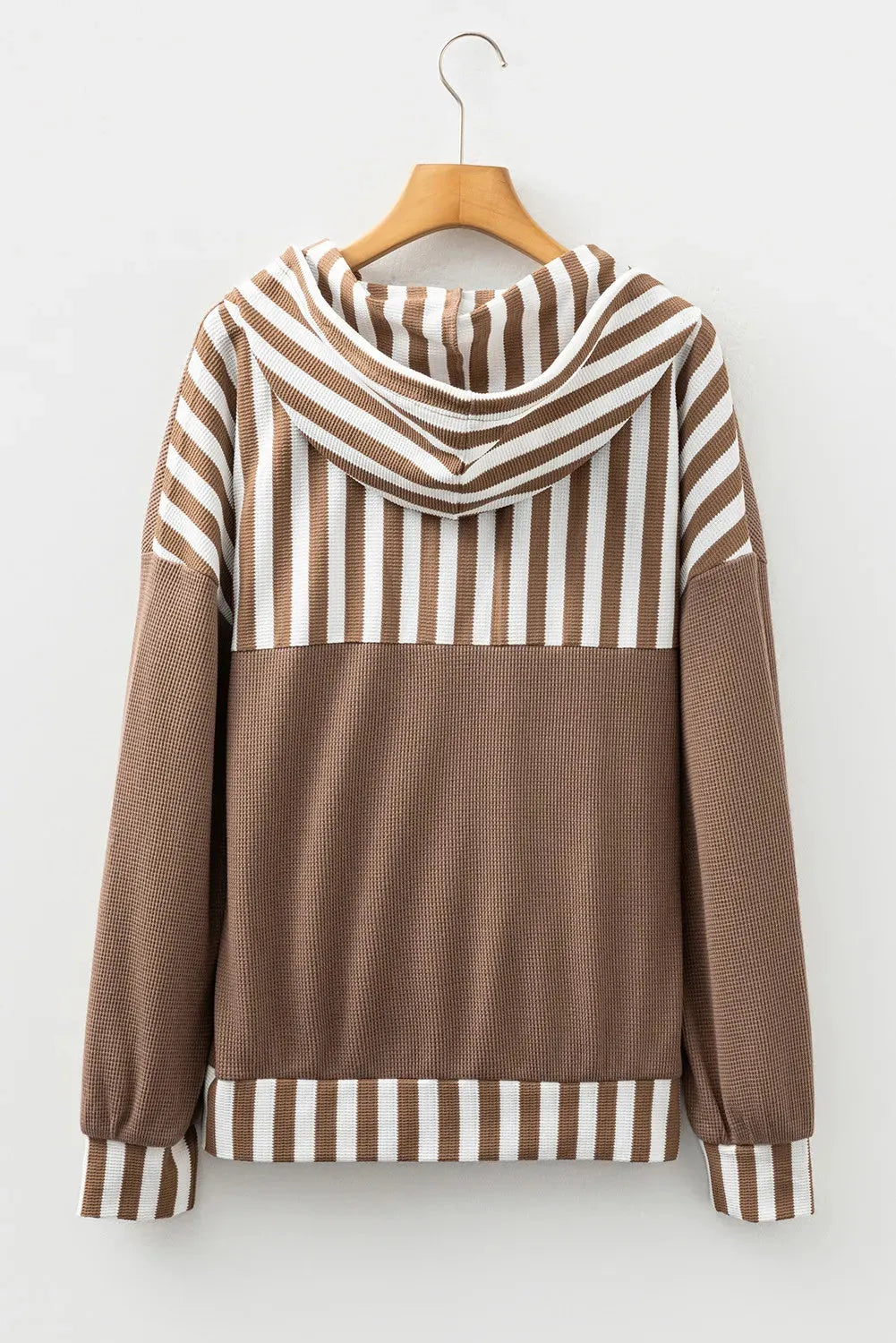 Straw yellow striped patchwork hoodie with waffle texture, button neck, and drawstring hood