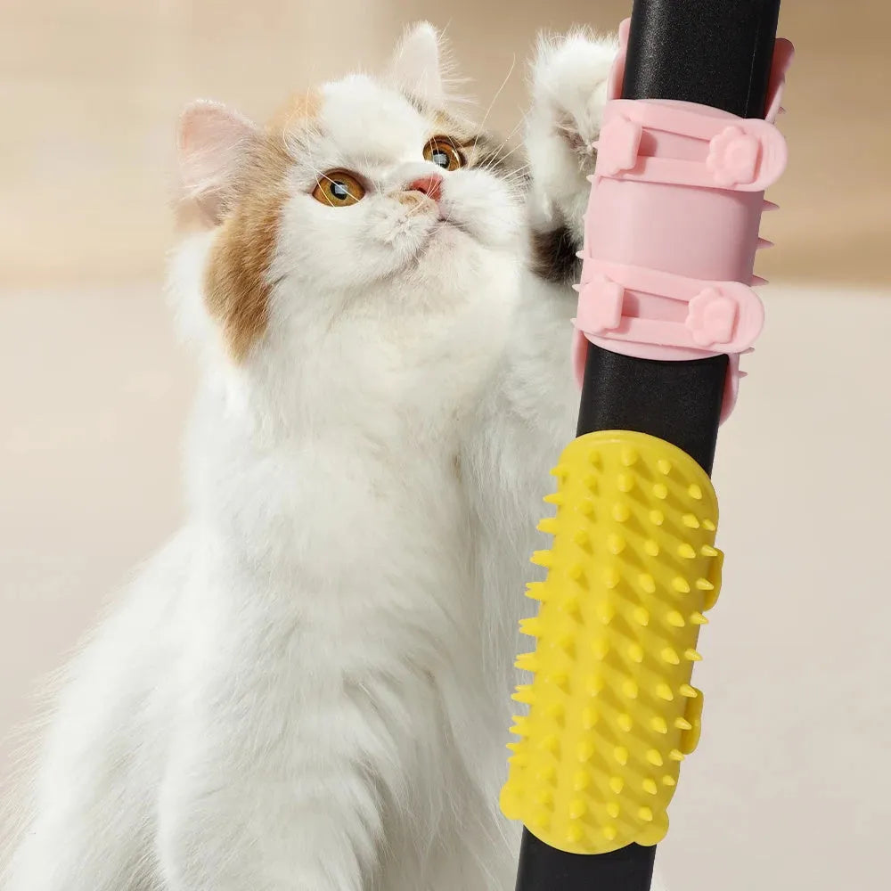 Silicone cat scratching massage comb with adjustable strap in one of four colours: black, green, pink, or yellow