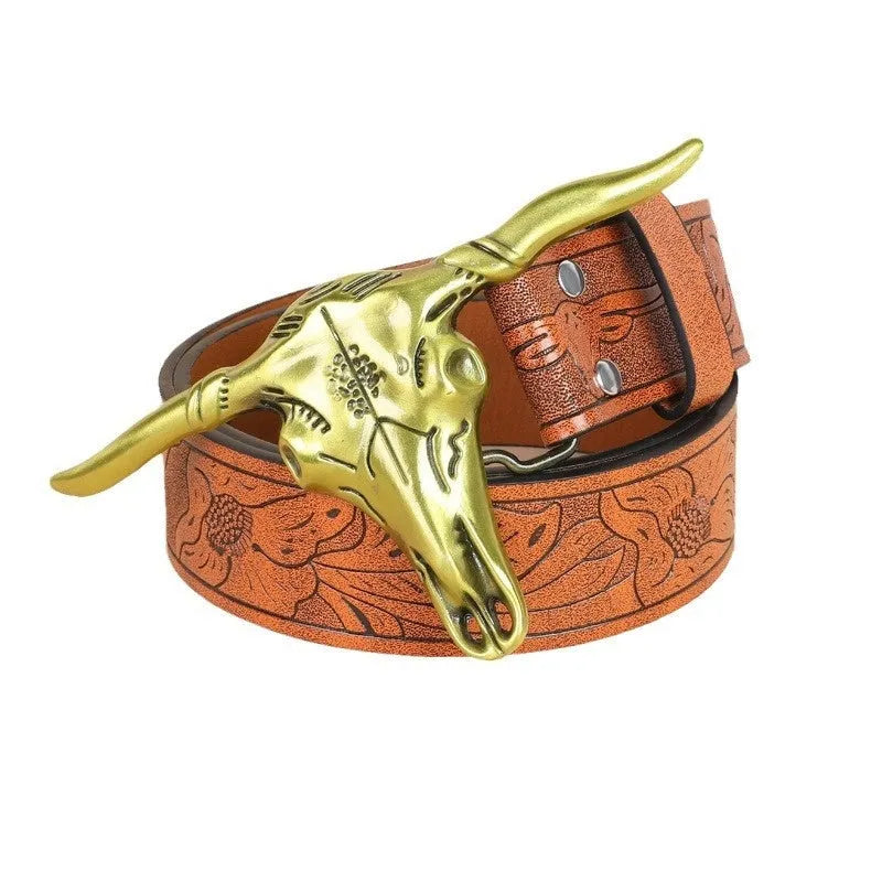 Men's black imitation leather belt with detailed cow head alloy buckle and pin closure