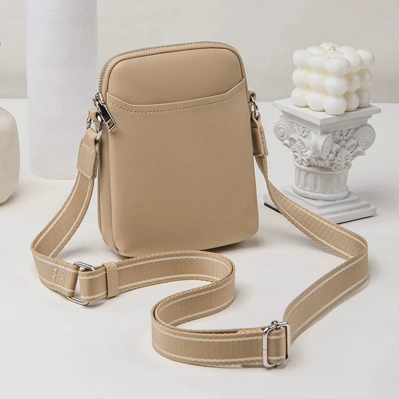Solid colour PU mobile phone crossbody shoulder bag in black, beige, khaki, or green.